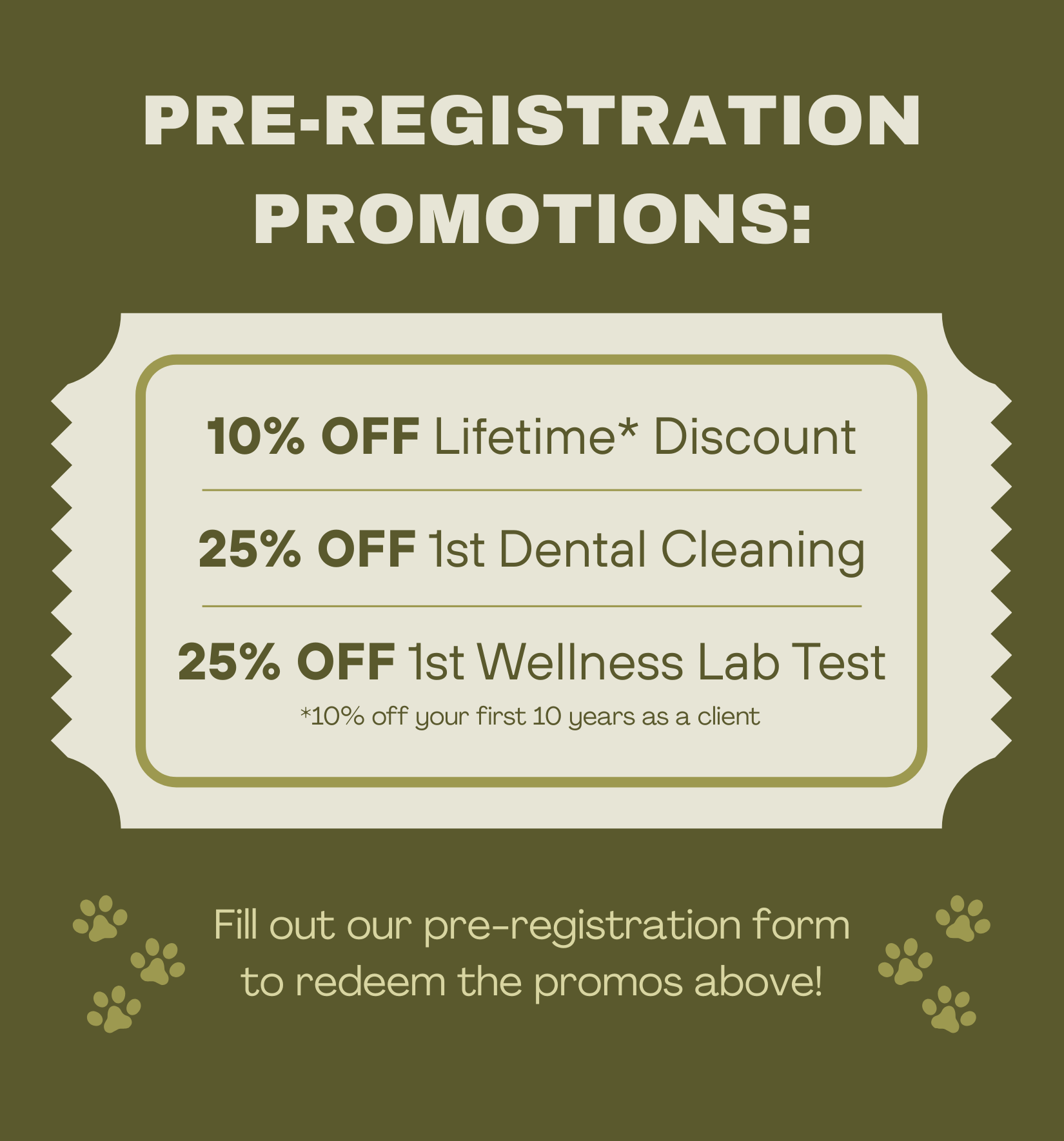 Pre-registration promos: 10% off lifetime discount, 25% off first dental cleaning, 25% off first wellness lab test